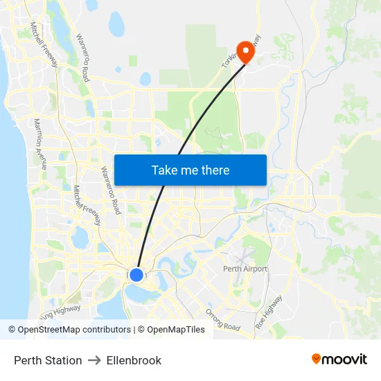 Perth Station to Ellenbrook map