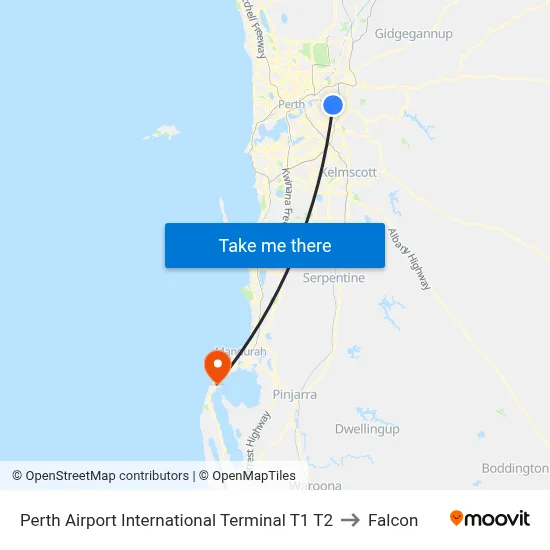 Perth Airport International Terminal T1 T2 to Falcon map