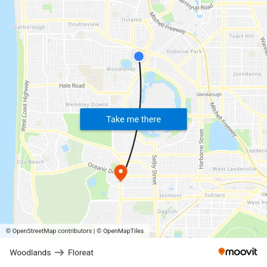 Woodlands to Floreat map