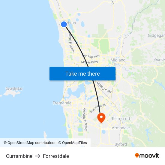 Currambine to Forrestdale map