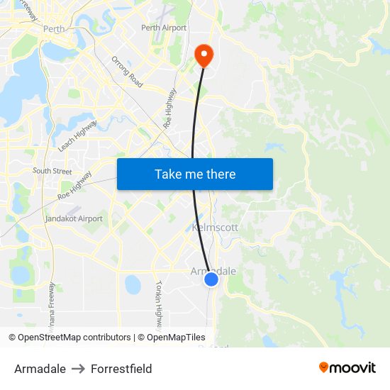 Armadale to Forrestfield map