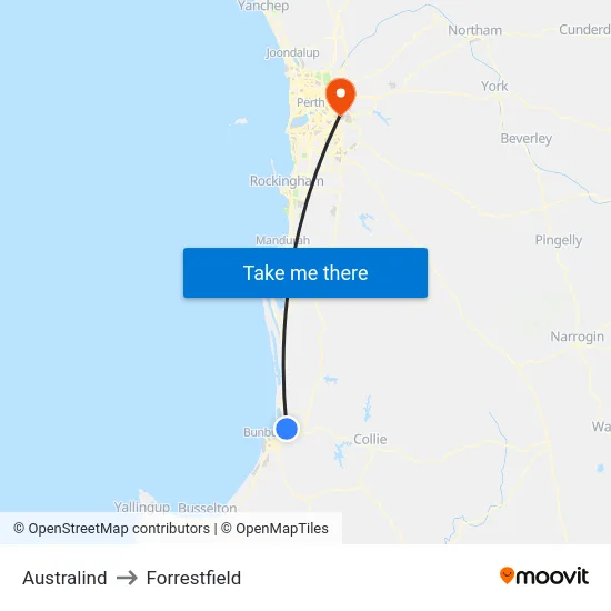 Australind to Forrestfield map