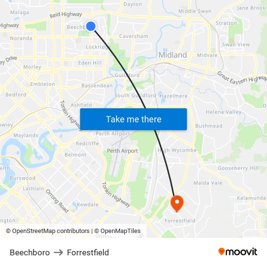 Beechboro to Forrestfield map