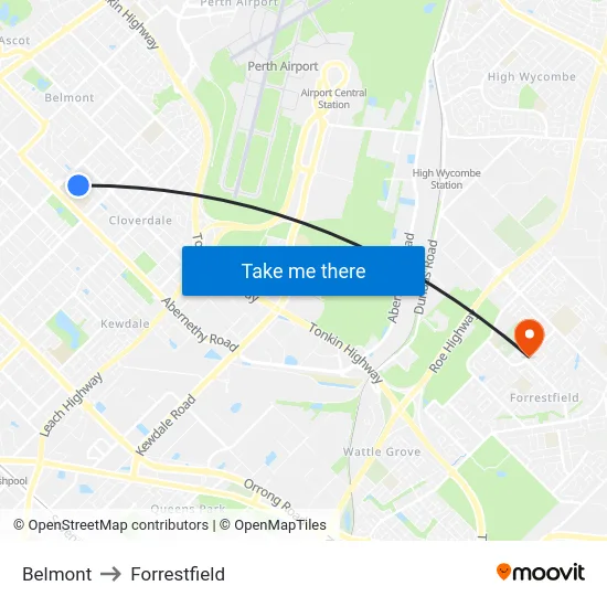 Belmont to Forrestfield map