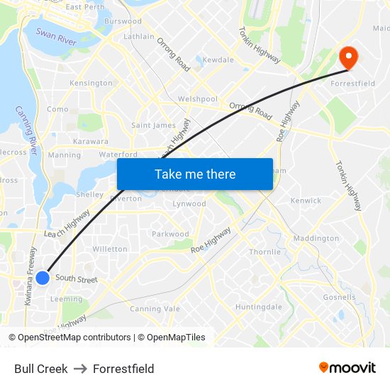 Bull Creek to Forrestfield map