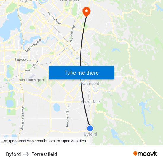 Byford to Forrestfield map
