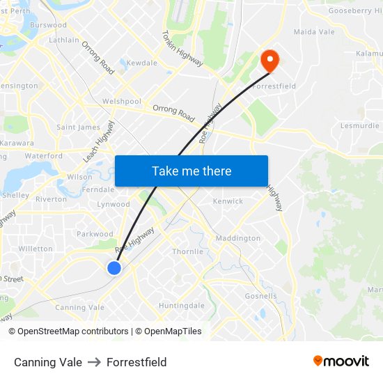 Canning Vale to Forrestfield map