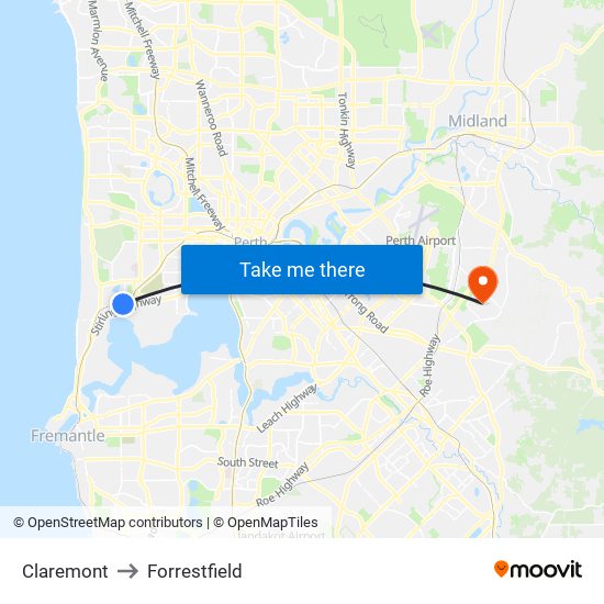 Claremont to Forrestfield map