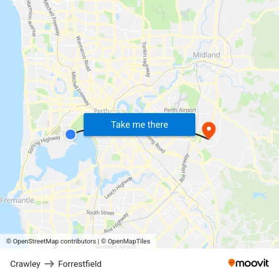 Crawley to Forrestfield map