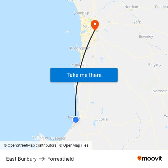 East Bunbury to Forrestfield map