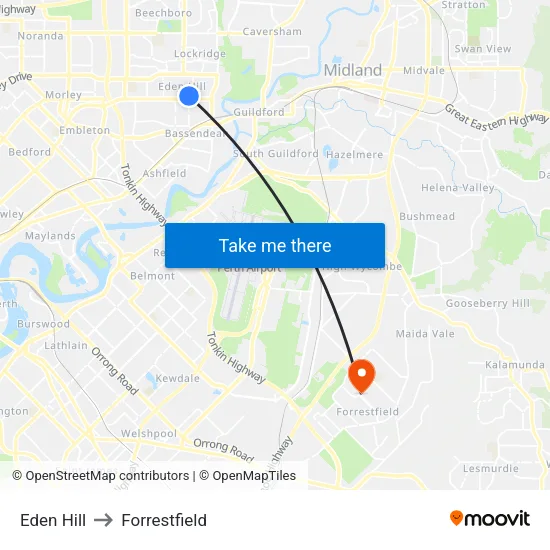 Eden Hill to Forrestfield map