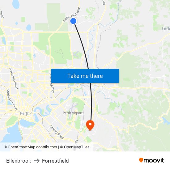 Ellenbrook to Forrestfield map