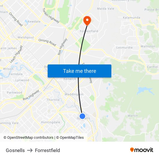 Gosnells to Forrestfield map