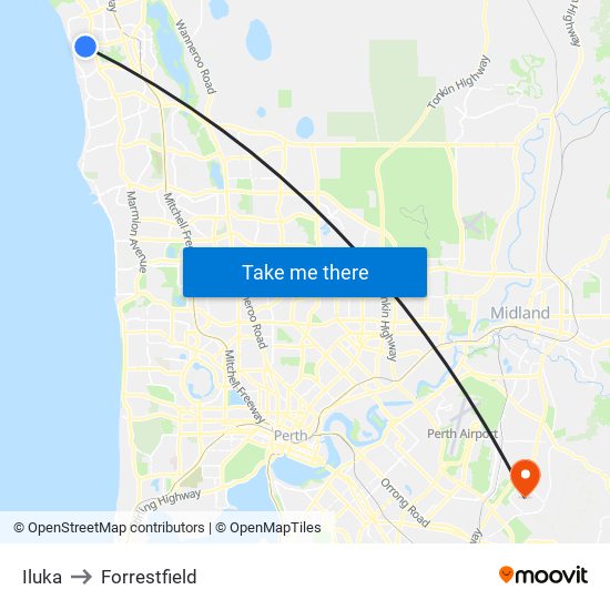 Iluka to Forrestfield map