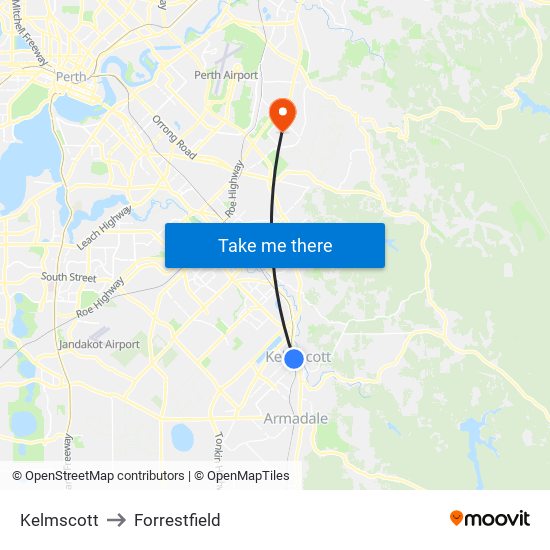 Kelmscott to Forrestfield map