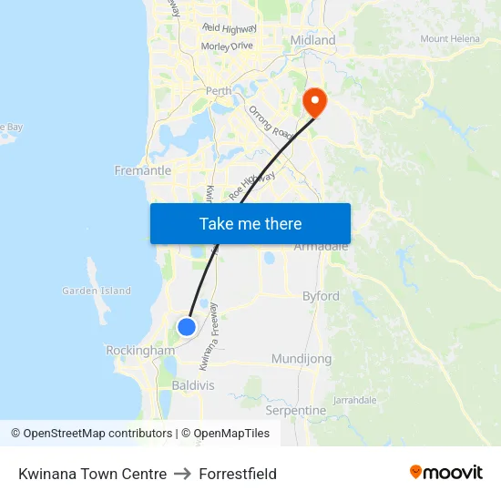 Kwinana Town Centre to Forrestfield map