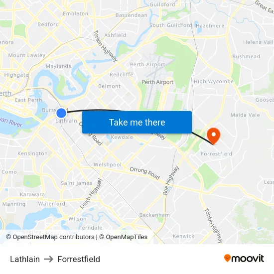 Lathlain to Forrestfield map