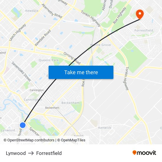 Lynwood to Forrestfield map