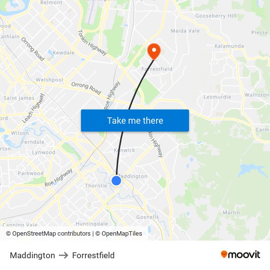 Maddington to Forrestfield map
