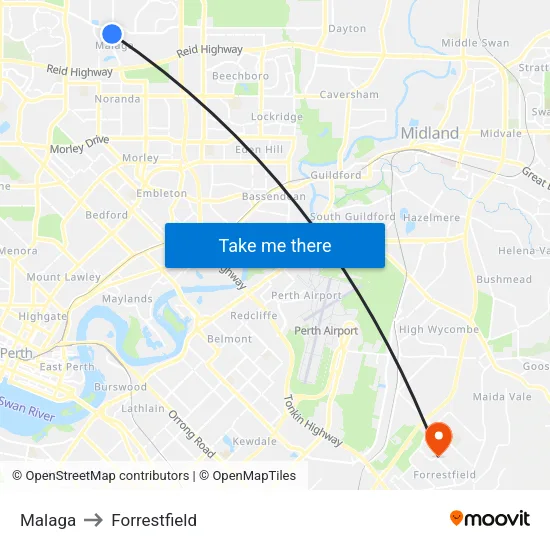 Malaga to Forrestfield map