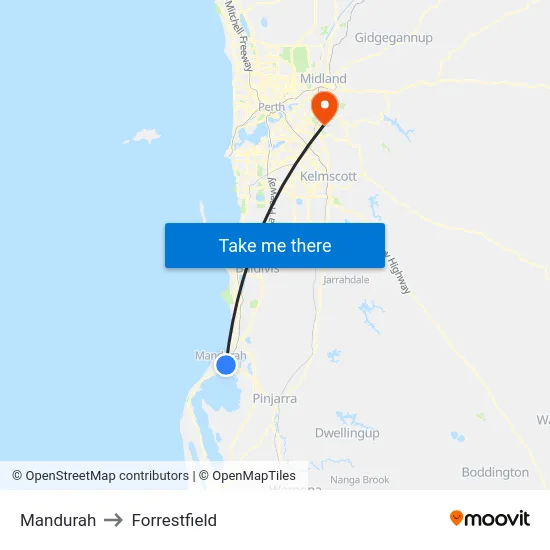 Mandurah to Forrestfield map