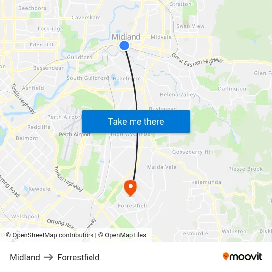Midland to Forrestfield map