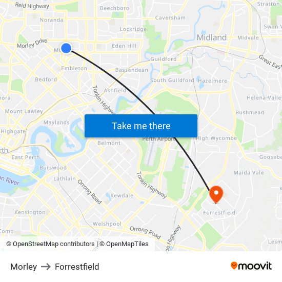 Morley to Forrestfield map