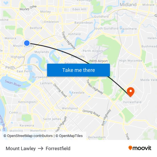 Mount Lawley to Forrestfield map