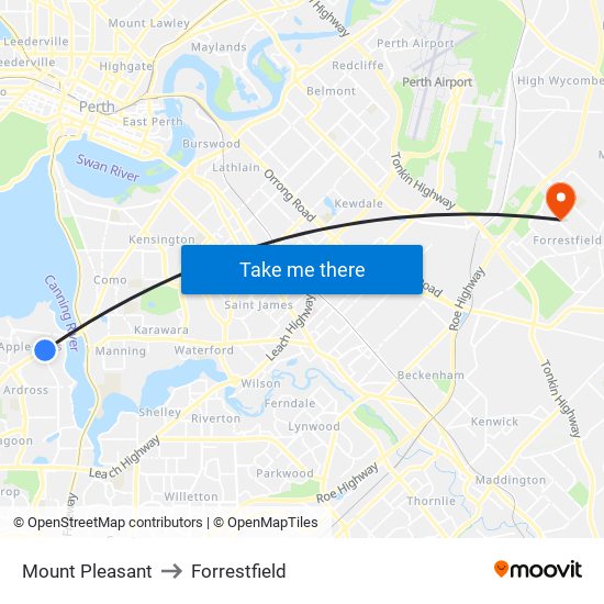 Mount Pleasant to Forrestfield map