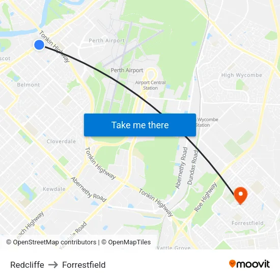 Redcliffe to Forrestfield map