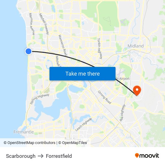 Scarborough to Forrestfield map