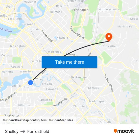 Shelley to Forrestfield map