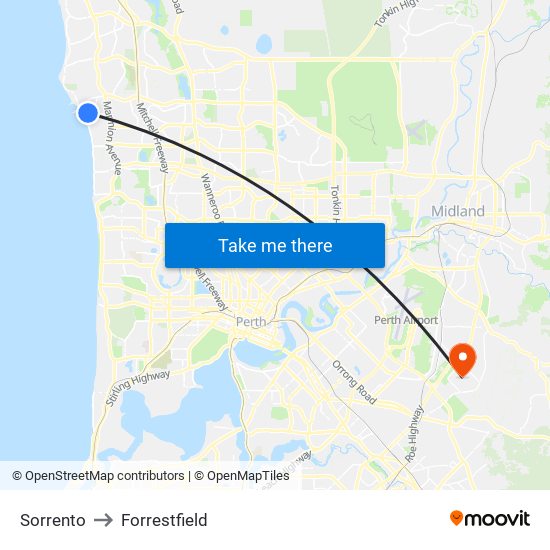 Sorrento to Forrestfield map