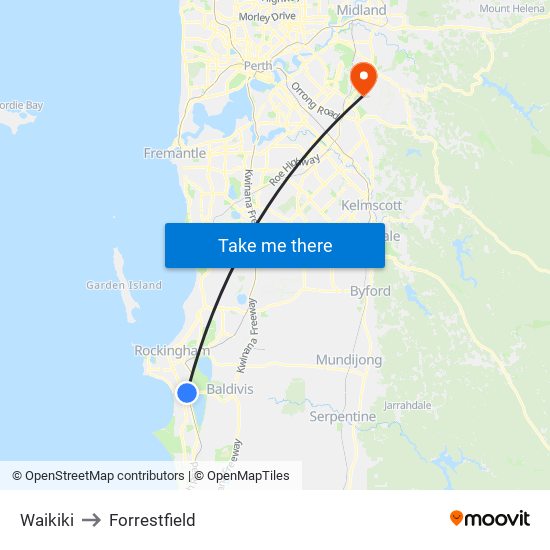 Waikiki to Forrestfield map