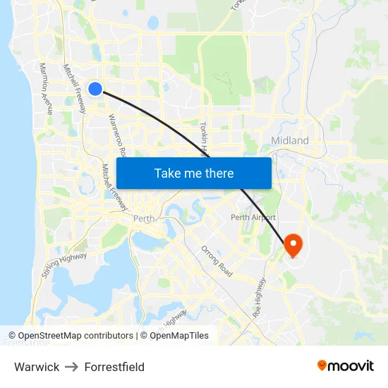Warwick to Forrestfield map