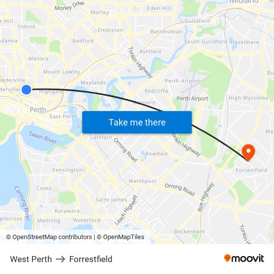 West Perth to Forrestfield map