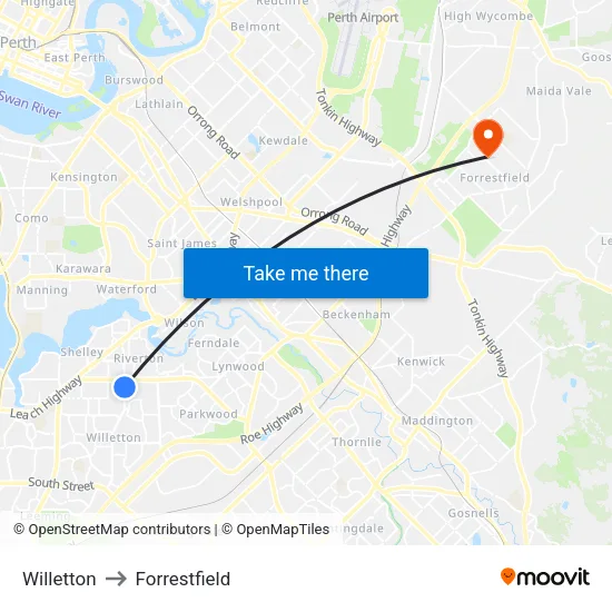 Willetton to Forrestfield map