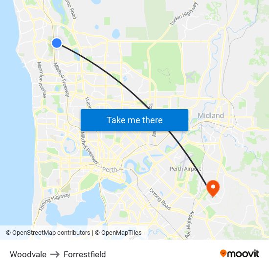 Woodvale to Forrestfield map