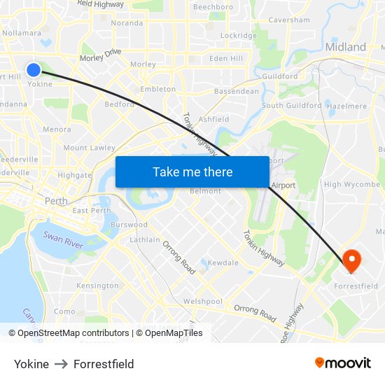 Yokine to Forrestfield map