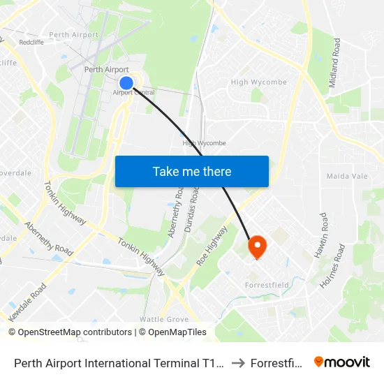 Perth Airport International Terminal T1 T2 to Forrestfield map