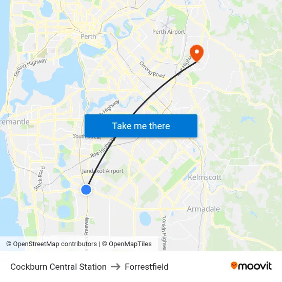 Cockburn Central Station to Forrestfield map