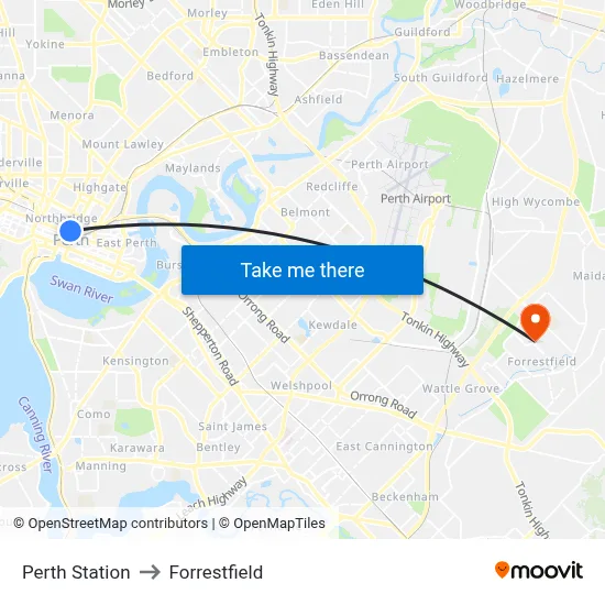 Perth Station to Forrestfield map