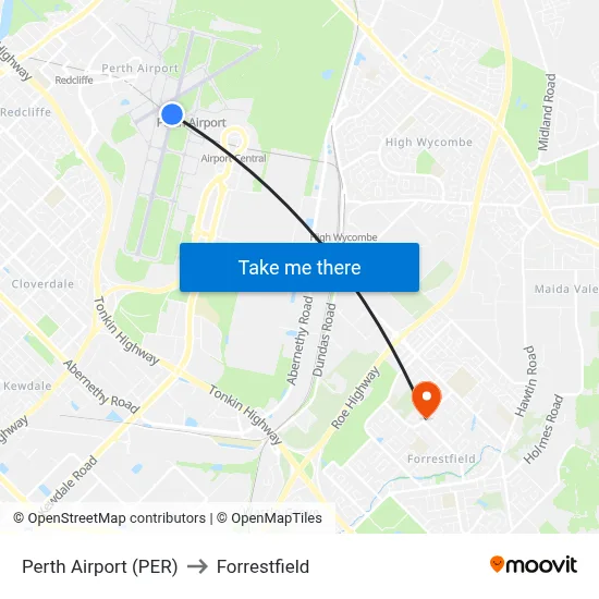 Perth Airport (PER) to Forrestfield map
