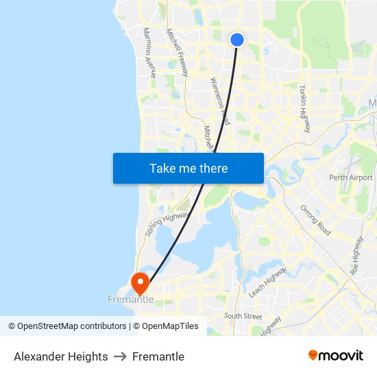 Alexander Heights to Fremantle map