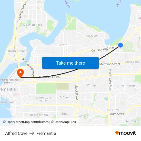 Alfred Cove to Fremantle map