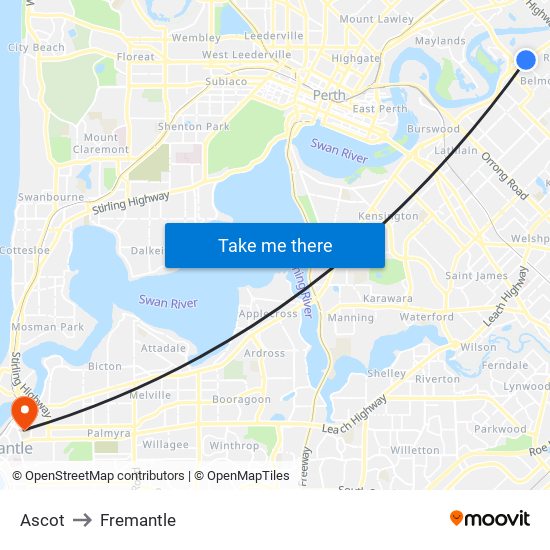 Ascot to Fremantle map