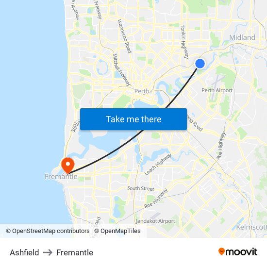 Ashfield to Fremantle map