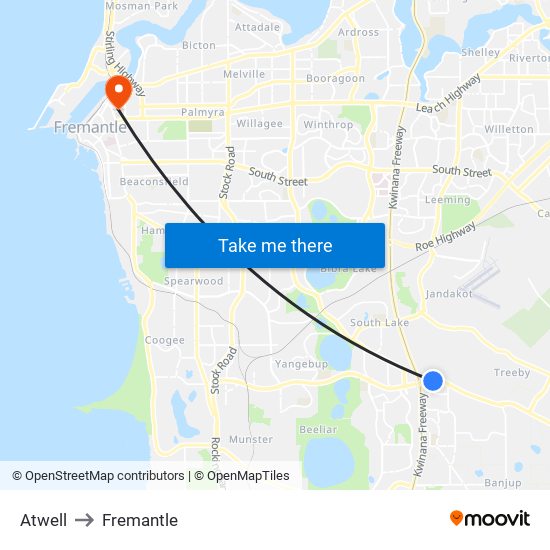 Atwell to Fremantle map