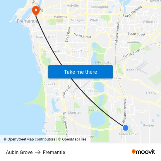 Aubin Grove to Fremantle map