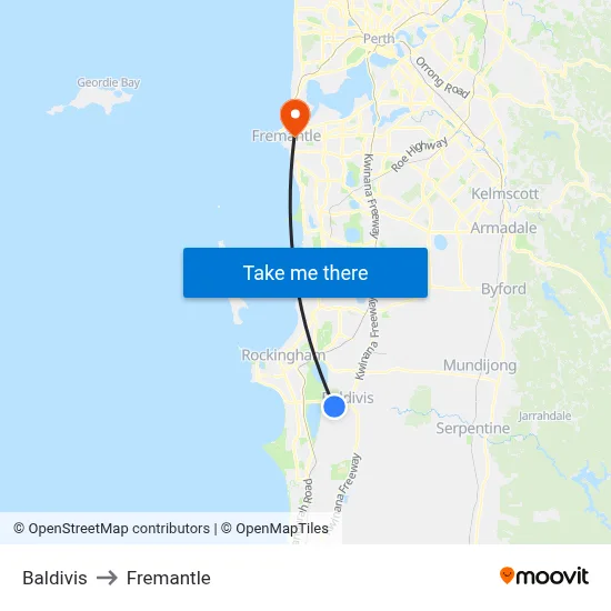 Baldivis to Fremantle map